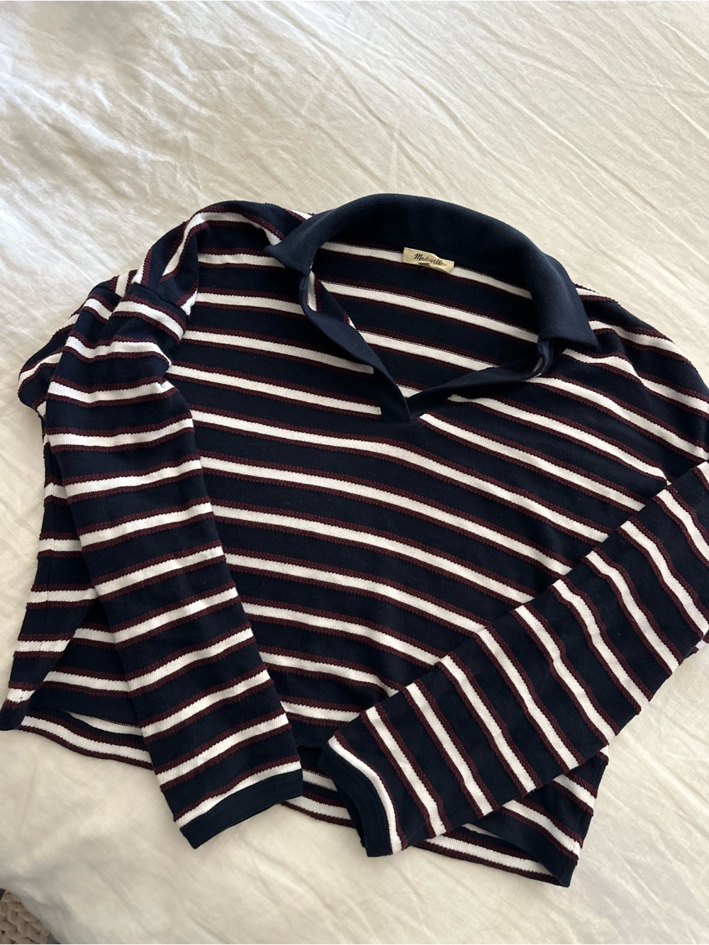 Madewell Navy, White & Burgundy Striped Polo Sweater
